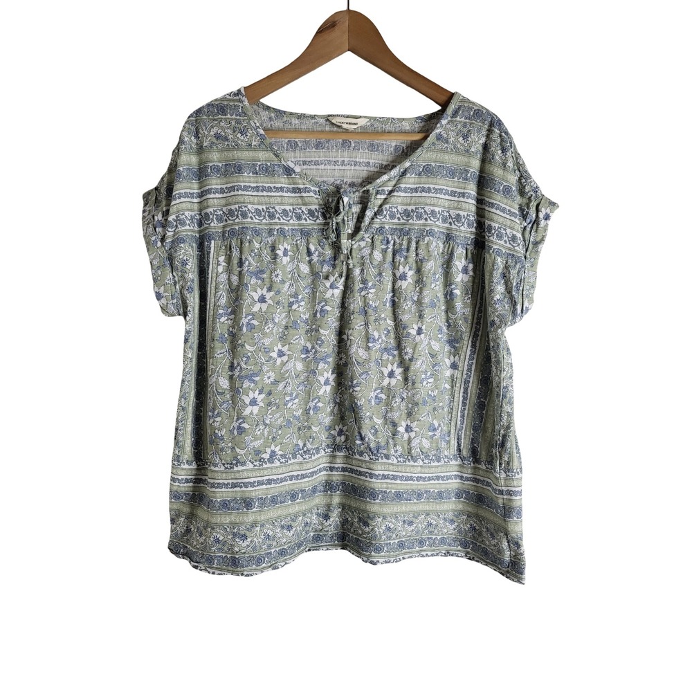 Lucky Brand Large Green Floral Paisley Cotton Tie Neck Blouse Top Peasant-Core